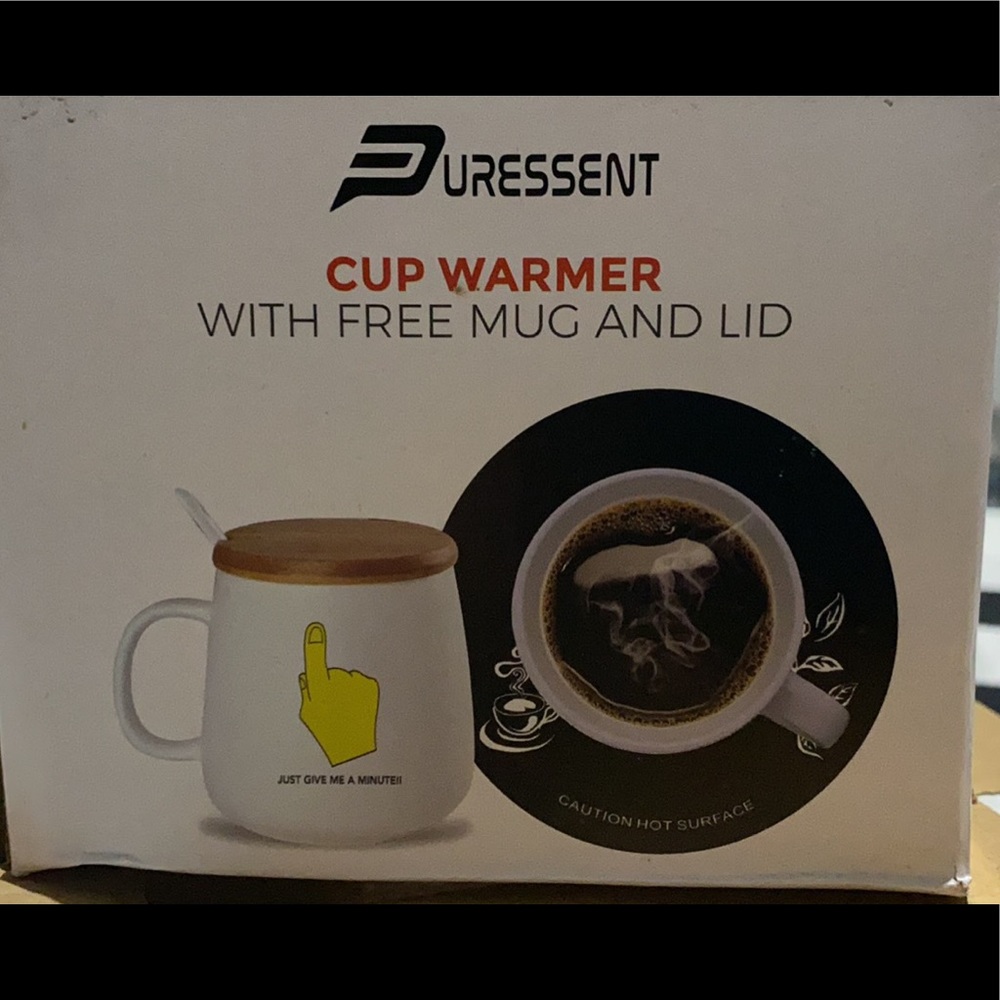 NIB Puressent cup warmer with mug and lid